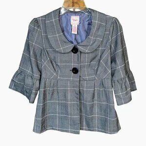 Candies Juniors Black White Pink Plaid Y2K Peplum Jacket Coat 3/4 Bell Sleeve M